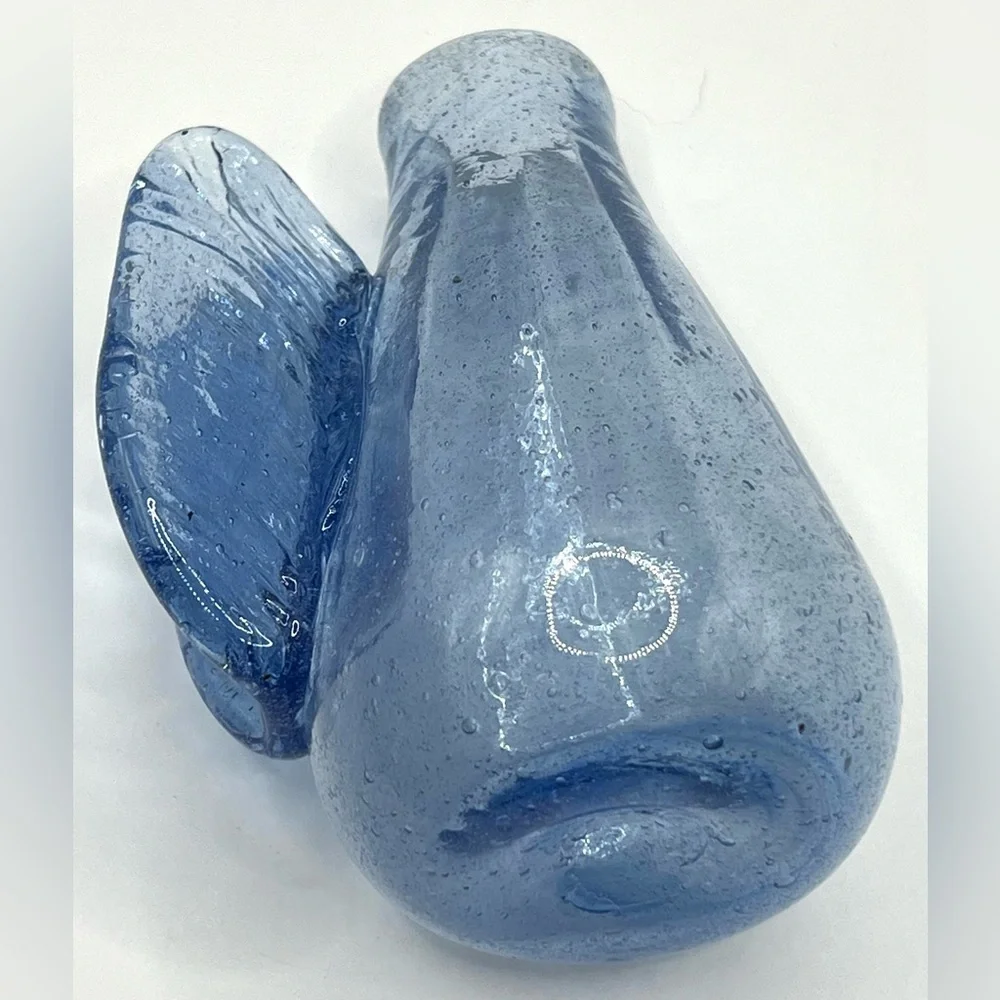 Handblown Small Blue Art Glass Bud Angel Wings Flower Vase 4.5 in Height